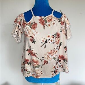 Charlotte Russe Cream and Red Flutter Sleeve Blouse Cold Shoulder